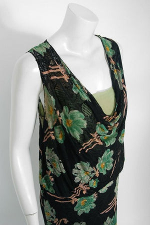 1930's Green Black Floral Print Lace Chiffon Bias-Cut Gown & Bell-Sleeve Jacket
