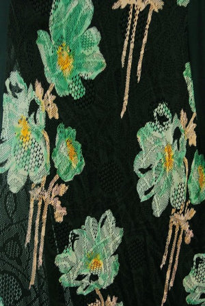 1930's Green Black Floral Print Lace Chiffon Bias-Cut Gown & Bell-Sleeve Jacket
