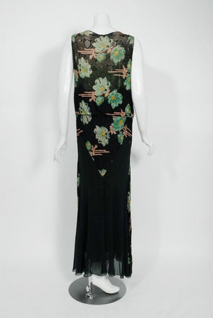 1930's Green Black Floral Print Lace Chiffon Bias-Cut Gown & Bell-Sleeve Jacket