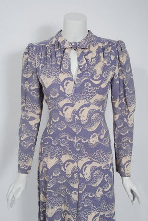 1974 Ossie Clark Novelty Serpent Snake Celia Birtwell Print Crepe Tie-Belt Dress