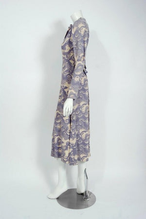 1974 Ossie Clark Novelty Serpent Snake Celia Birtwell Print Crepe Tie-Belt Dress