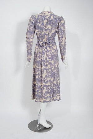 1974 Ossie Clark Novelty Serpent Snake Celia Birtwell Print Crepe Tie-Belt Dress