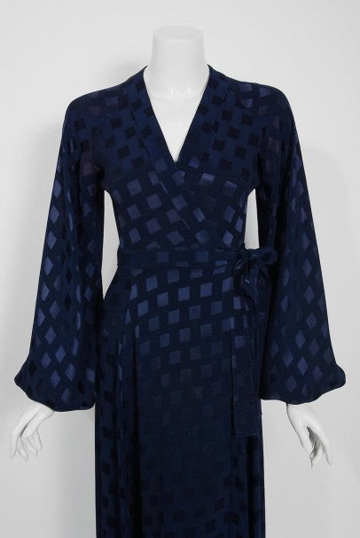 1972 Ossie Clark for Quorum Navy Deco Print Satin Backless Billow-Sleeve Gown