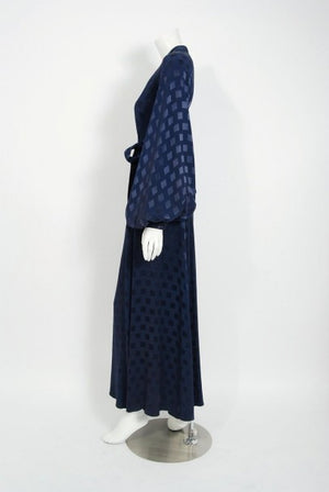 1972 Ossie Clark for Quorum Navy Deco Print Satin Backless Billow-Sleeve Gown