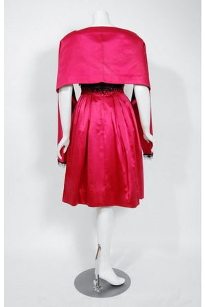 1950's Couture Fuchsia Pink Satin Beaded Illusion Shelf-Bust Party Dress w/Shawl