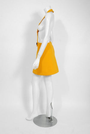 1969 Pierre Cardin Yellow Wool & Black Patent Bullseye Mod Target Pinafore Dress