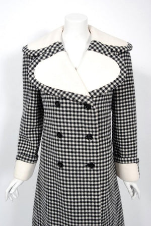 1972 Geoffrey Beene Black & Creme Checkered Wool Double-Breasted Mod Coat