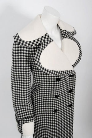 1972 Geoffrey Beene Black & Creme Checkered Wool Double-Breasted Mod Coat