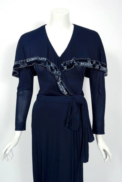 1977 Jean Muir Beaded Sequin Navy Silk-Jersey Capelet Plunge Belted Dress With Tags