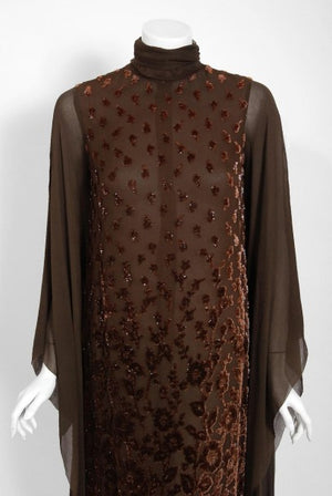 1969 Christian Dior Haute-Couture Brown Floral Flocked Silk Kimono Sleeve Gown