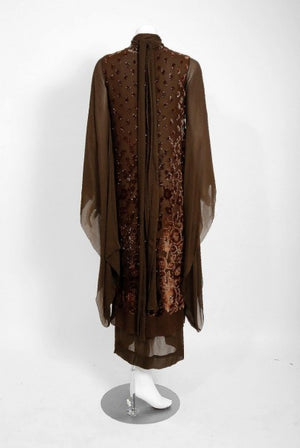 1969 Christian Dior Haute-Couture Brown Floral Flocked Silk Kimono Sleeve Gown