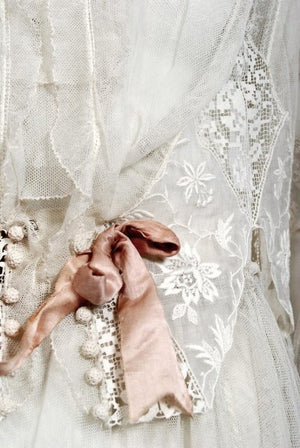 1910 Edwardian Ivory Sheer Embroidered Floral Lace & Net-Tulle Tiered Tea Gown