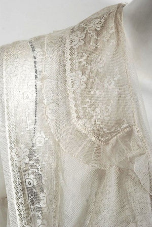 1910 Edwardian Ivory Sheer Embroidered Floral Lace & Net-Tulle Tiered Tea Gown