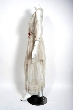 1910 Edwardian Ivory Sheer Embroidered Floral Lace & Net-Tulle Tiered Tea Gown