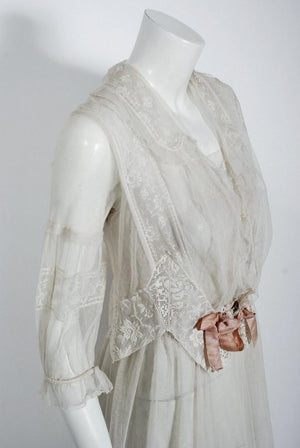 1910 Edwardian Ivory Sheer Embroidered Floral Lace & Net-Tulle Tiered Tea Gown