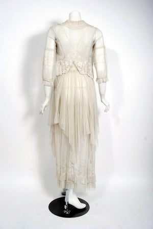 1910 Edwardian Ivory Sheer Embroidered Floral Lace & Net-Tulle Tiered Tea Gown
