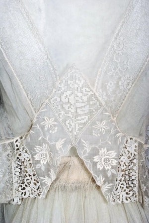 1910 Edwardian Ivory Sheer Embroidered Floral Lace & Net-Tulle Tiered Tea Gown