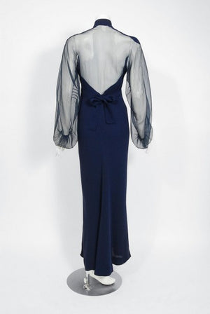 1936 Germaine Monteil Couture Movie Worn Navy Crepe Billow Sleeve Bias-Cut Gown