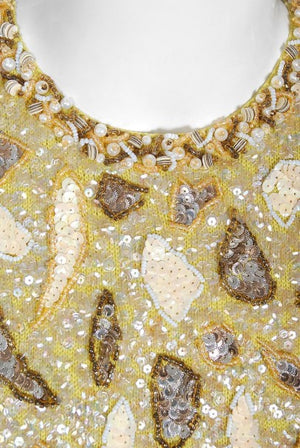 1960's Gene Shelly Chartreuse Yellow Sequin Beaded Knit Abstract Cocktail Dress