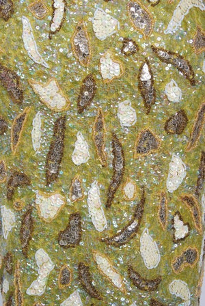 1960's Gene Shelly Chartreuse Yellow Sequin Beaded Knit Abstract Cocktail Dress