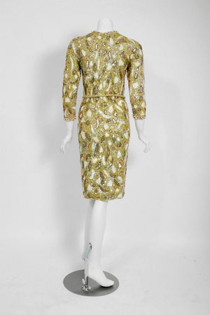 1960's Gene Shelly Chartreuse Yellow Sequin Beaded Knit Abstract Cocktail Dress