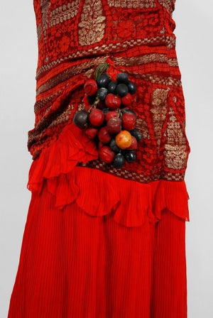 1920's Red & Metallic Gold Print Lamé Asymmetric Pleated Chiffon Flapper Dress