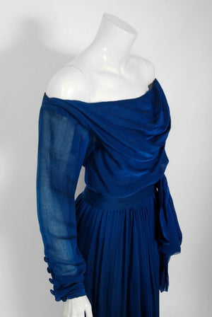 1989 Yves Saint Laurent Haute-Couture Cobalt Blue Silk Off-Shoulder Draped Gown