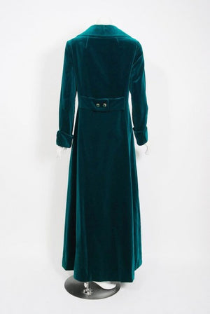 1970's Harella of England Teal Blue-Green Velvet Cuffed Back Belted Maxi Coat