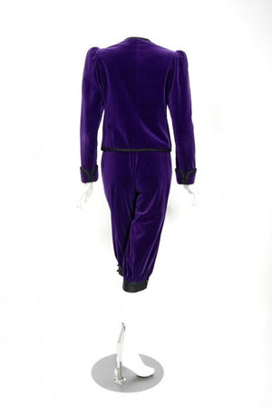 1979 Yves Saint Laurent Purple Velvet Puff-Shoulder Jacket & Knickers Pantsuit