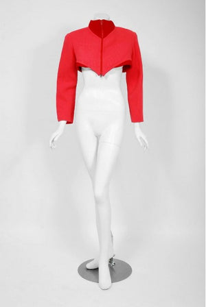 1990 Geoffrey Beene Red & Pink Wool Cropped Zip-Up Street Sportswear Jacket