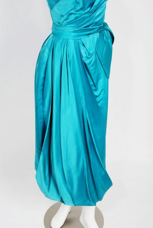 1950's Lee Claire Aqua-Blue Silk Ruched Asymmetric Drape Belted Cocktail Dress