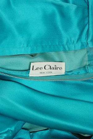 1950's Lee Claire Aqua-Blue Silk Ruched Asymmetric Drape Belted Cocktail Dress