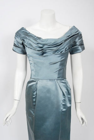 1955 Ceil Chapman Documented Steel-Blue Ruched Satin Fishtail Cocktail Dress
