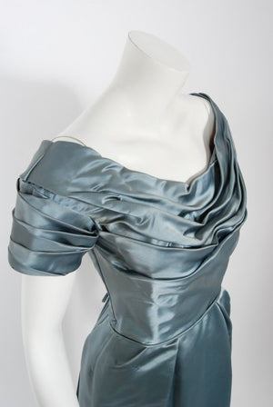 1955 Ceil Chapman Documented Steel-Blue Ruched Satin Fishtail Cocktail Dress