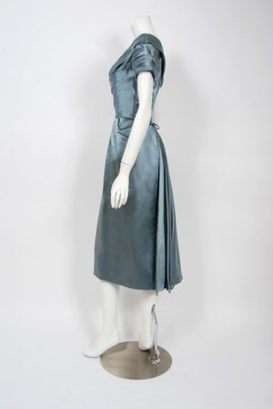 1955 Ceil Chapman Documented Steel-Blue Ruched Satin Fishtail Cocktail Dress