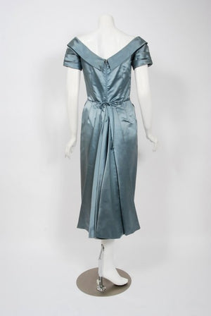 1955 Ceil Chapman Documented Steel-Blue Ruched Satin Fishtail Cocktail Dress