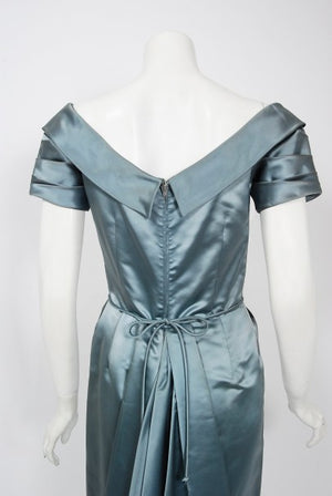 1955 Ceil Chapman Documented Steel-Blue Ruched Satin Fishtail Cocktail Dress