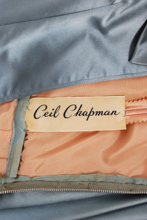 1955 Ceil Chapman Documented Steel-Blue Ruched Satin Fishtail Cocktail Dress