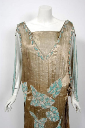 1920’s French Couture Metallic Gold Lamé Beaded Leaf-Motif Trained Evening Dress