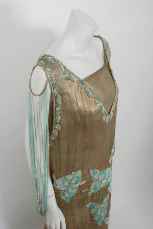 1920’s French Couture Metallic Gold Lamé Beaded Leaf-Motif Trained Evening Dress