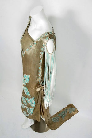1920’s French Couture Metallic Gold Lamé Beaded Leaf-Motif Trained Evening Dress