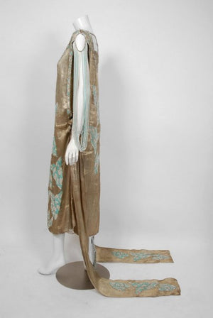 1920’s French Couture Metallic Gold Lamé Beaded Leaf-Motif Trained Evening Dress