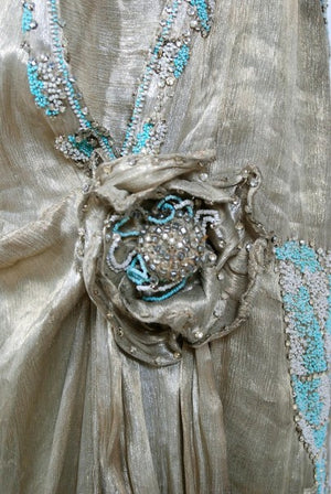 1920’s French Couture Metallic Gold Lamé Beaded Leaf-Motif Trained Evening Dress