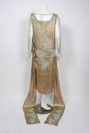 1920’s French Couture Metallic Gold Lamé Beaded Leaf-Motif Trained Evening Dress