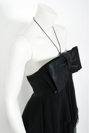 1970 Pauline Trigere Black Silk Chiffon & Satin Halter-Bow Tiered Drape Dress