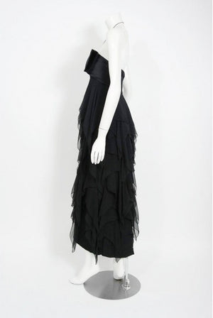 1970 Pauline Trigere Black Silk Chiffon & Satin Halter-Bow Tiered Drape Dress