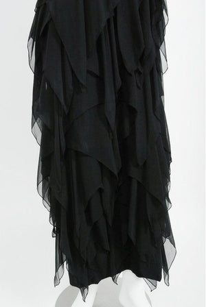 1970 Pauline Trigere Black Silk Chiffon & Satin Halter-Bow Tiered Drape Dress