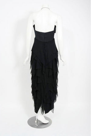 1970 Pauline Trigere Black Silk Chiffon & Satin Halter-Bow Tiered Drape Dress