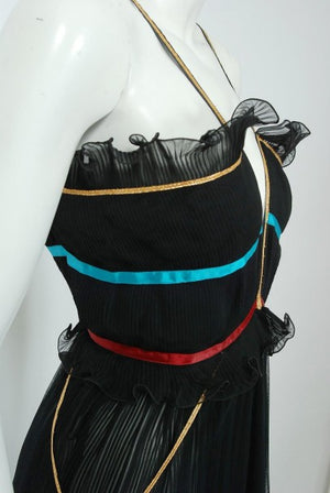 1976 Bill Gibb Pleated Silk & Embroidered Tulle Low-Plunge Metallic Ribbon Gown