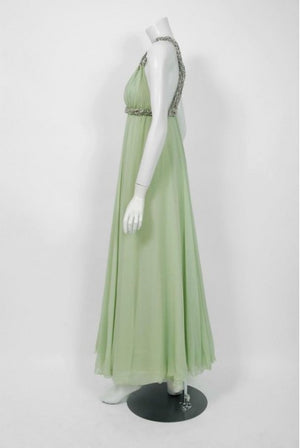 1965 Sarmi Couture Seafoam-Green Jeweled Silk Chiffon Empire Plunge Grecian Gown